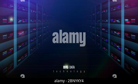 Interni della sala server nel data center e nei supercomputer. Concetto di rete di storage per big data e tecnologia di cloud computing Illustrazione Vettoriale