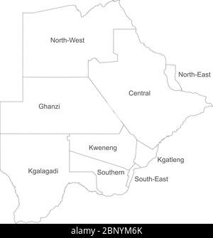 Mappa politica del Botswana con etichette di nome su sfondo bianco. Perfetto per concetti aziendali, sfondi, sfondo, poster, adesivi, banner, etichetta, cha Illustrazione Vettoriale