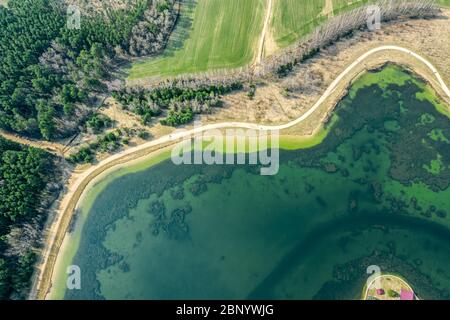 pittoresco paesaggio primaverile dal drone volante del lago e sentiero pedonale che lo costeggia Foto Stock