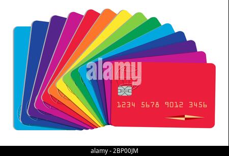 Le carte di credito o debito generiche, simulate sono viste sbiadite fuori. I colori sono disposti come un arcobaleno o spettro di colori. Questa è un'illustrazione vettoriale. Illustrazione Vettoriale