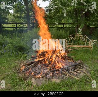 Fiamme che saltano da un fuoco di fuoco in un fuoco in un giardino rurale del Devon rurale, Inghilterra, Regno Unito Foto Stock