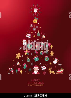 Forma dell'albero di Natale disporre con icone di disegno piatte per le coperture, gli inviti, i libri, la scheda, i manifesti, le bandiere, i volantini, ecc. Illustrazione Vettoriale