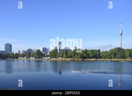 Skyline di Vienna sul Danubio al mattino Foto Stock