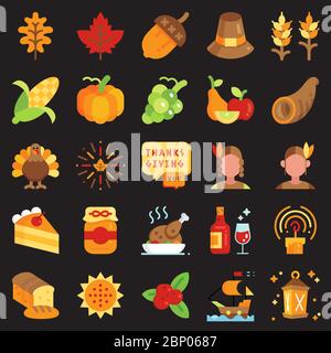 Set di icone piatto per il giorno del ringraziamento. Modificabile Illustrazione Vettoriale