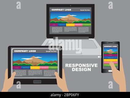Stesso sito Web aziendale visualizzato su computer desktop, tablet digitale e smartphone. Design vettoriale per un design Web reattivo. Illustrazione Vettoriale