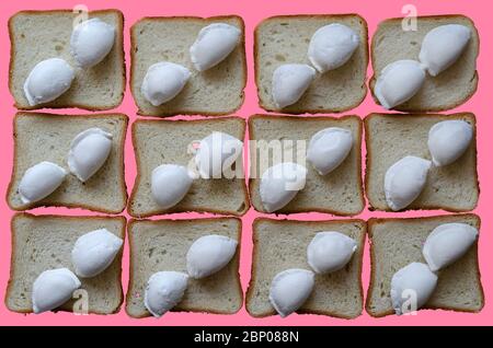 Sfondo creativo con gnocchi surgelati e pane per toast. Gnocchi grezzi con gelo di gelo giacciono sopra su pezzi di pane. Gnocchi con carne sono lo Foto Stock