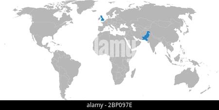 Pakistan, regno Unito, Paesi evidenziati sulla mappa mondiale. Concetti di business, diplomatici, commerciali, relazioni con i trasporti. Illustrazione Vettoriale