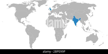 India, regno Unito, Paesi evidenziati sulla mappa mondiale. Concetti di business, diplomatici, commerciali, relazioni con i trasporti. Illustrazione Vettoriale