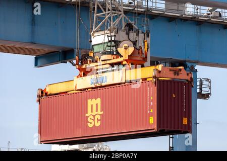 Gru di trasporto che sposta un contenitore di spedizione MSC su una piattaforma di stoccaggio. Foto Stock