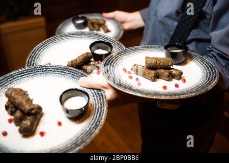 Deliziosa dolma sarma con vitello e bulgur. Carne di vitello con bulgur avvolto in foglie d'uva. Servito con salsa bianca. Cena. Turco greco medio orientale cucina. Foto Stock