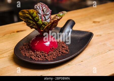 Vanilla-mousse di cocco con la massa di cioccolato e salsa di barbabietole. Il dessert in forma di bietole è servita su un piatto insolito nella forma di una pala. Foto Stock