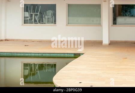 Magaluf, Isole Baleari/Spagna; MAG/15/2020: Chiusura dell'istituzione turistica a causa della crisi del Coronavirus. Riflessione di tavoli e sedie in una piscina di Foto Stock