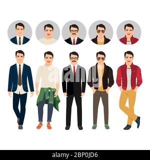 Bel ragazzo in abiti casual e di stile business con viso avatar icone vettore set Illustrazione Vettoriale