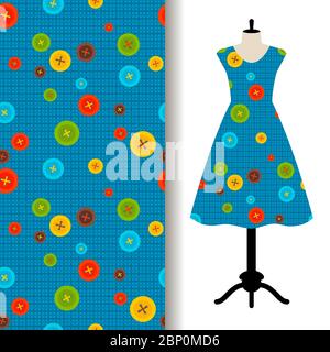 Modello in tessuto vestito donna su manichino con cuciture su sfondo blu. Illustrazione vettoriale Illustrazione Vettoriale