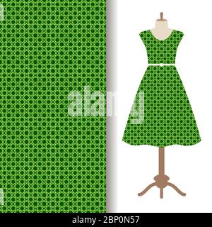 Modello di tessuto vestito donna con motivo arabico tradizionale verde. Illustrazione vettoriale Illustrazione Vettoriale