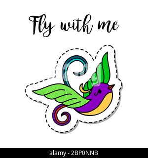 Elemento di patch moda con citazione, Fly with me e fantasia uccello vettore illustrazione Illustrazione Vettoriale