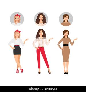 Donna casual moda con set di icone avatar viso. Illustrazione vettoriale Illustrazione Vettoriale