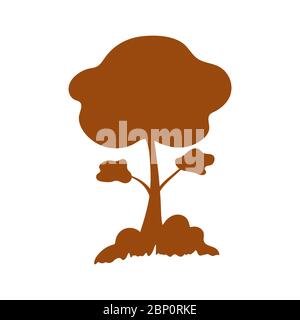 Bell'albero marrone silhouette con rami, cespugli e erba sparsi su uno sfondo bianco. Giornata nazionale della foresta. Il concetto di conservazione di n Illustrazione Vettoriale