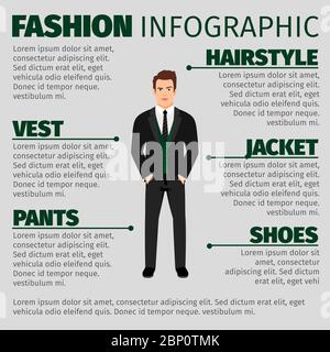 Infografica moda con l'uomo in tuta e giubbotto verde. Illustrazione vettoriale Illustrazione Vettoriale