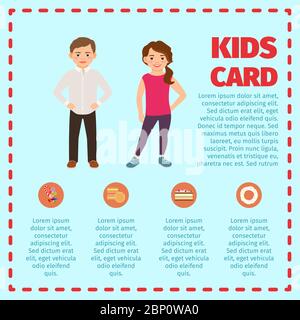 Infografica di carte per bambini con ragazzo e ragazza in abiti alla moda e dolci icone. Illustrazione vettoriale Illustrazione Vettoriale