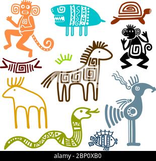 Aztec e maya antichi simboli animali isolati su sfondo bianco. Illustrazione vettoriale dei modelli di cultura indiane Illustrazione Vettoriale
