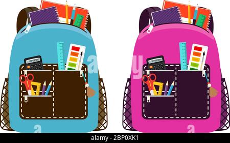 Borse di studio blu e rosa. Borse per bambini isolate su sfondo bianco con notebook e attrezzature per l'illustrazione vettoriale della classe Illustrazione Vettoriale