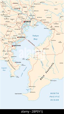 Mappa vettoriale stradale della baia di Tokyo area metropolitana sulla costa del Pacifico Illustrazione Vettoriale