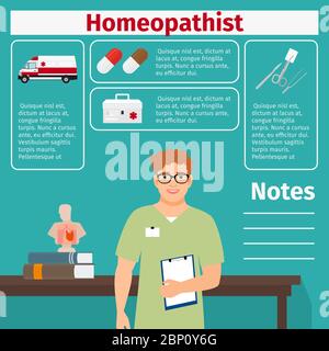 Icone di attrezzature omeopatiche e mediche con elementi infografici per l'industria medica e farmaceutica. Illustrazione vettoriale Illustrazione Vettoriale
