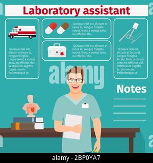 Icone di assistenti di laboratorio e apparecchiature mediche con elementi infografici per l'industria medica e farmaceutica. Illustrazione vettoriale Illustrazione Vettoriale
