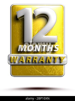 Etichetta di garanzia illustrazione 3D 12 mesi numeri di colore oro in acciaio inox isolato su sfondo bianco. (Con tracciato di ritaglio). Foto Stock