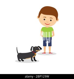 Ragazzino con dachshund, isolato su fondo bianco. Illustrazione vettoriale Illustrazione Vettoriale