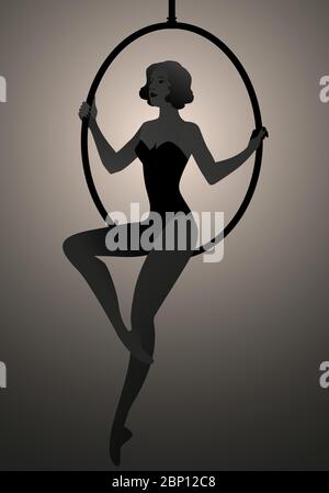 Silhouette retroilluminata di un'artista di trapezio femminile seduta su un cerchio sospeso nell'aria Illustrazione Vettoriale