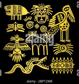 Golden Indian segni e simboli tradizionali su nero. Illustrazione vettoriale Illustrazione Vettoriale