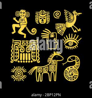 Aztec antichi simboli dorati su sfondo nero. Illustrazione vettoriale Illustrazione Vettoriale