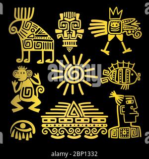 Totem lineare in oro stile maya, illustrazione vettoriale Illustrazione Vettoriale