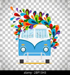 Furgone blu. Hippie fiori bus per viaggi isolati su sfondo trasparente Illustrazione Vettoriale