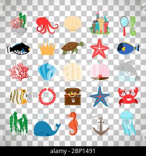 Vita marina e piante sottomarine, tesori e cartoni animati animali oceanici sono isolati su sfondo trasparente Illustrazione Vettoriale