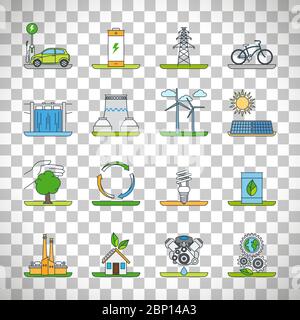 Icone di contorno per le energie rinnovabili e icone di linee sottili per la tecnologia verde impostate su un vettore isolato su sfondo trasparente Illustrazione Vettoriale
