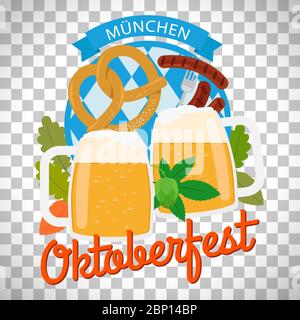 Tazza di birra e pretzel, luppolo e salsiccia. Poster Oktoberfest in stile piatto isolato su sfondo trasparente Illustrazione Vettoriale