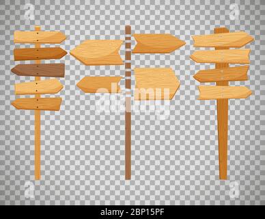Cartelli di direzione in legno isolati su sfondo trasparente. Illustrazione vettoriale Illustrazione Vettoriale