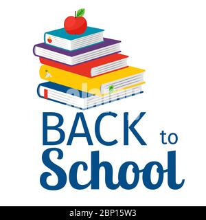 Torna a scuola con libri scolastici e mela, illustrazione vettoriale Illustrazione Vettoriale