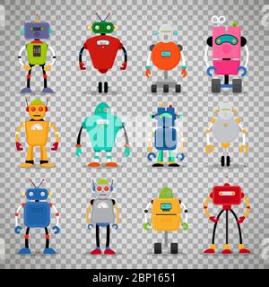 Cute robot icone colorate grande set isolato su sfondo trasparente. Illustrazione vettoriale Illustrazione Vettoriale