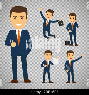 Carattere cartoon uomo d'affari in diverse pose isolato su sfondo trasparente, illustrazione vettoriale Illustrazione Vettoriale