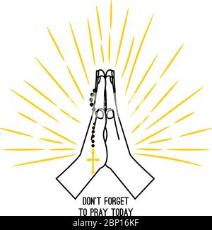 Poster del vettore orante con rosario disegnato a mano isolato su sfondo bianco. Chiesa cristiana che prega le mani con i perline di preghiera Illustrazione Vettoriale