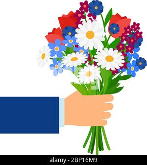 Bouquet in mano uomo d'affari isolato su bianco. Uomo che tiene e dà fiori vettore dono daisies, tulipani e cornflowers Illustrazione Vettoriale