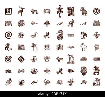 Simboli tribali vettoriali marroni impostati su sfondo bianco Illustrazione Vettoriale