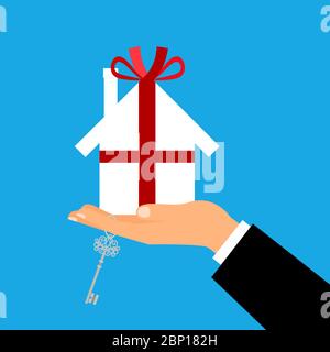 Uomo che tiene una casa di carta bianca come un regalo avvolto con nastro e arco. Illustrazione vettoriale Illustrazione Vettoriale