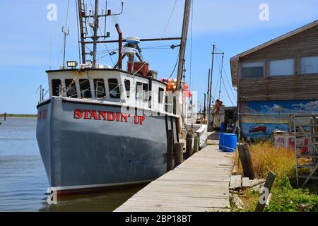 Il peschereccio da traino Standin Up attraccato al porto di Wanchese, che supporta un numero modesto di imbarcazioni commerciali da pesca all'estremità meridionale dell'isola di Roanoke. Foto Stock
