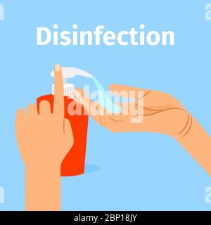 Concetto di disinfezione. Sapone liquido con pompaggio dal flacone. Applicazione di un igienizzatore idratante. Donna lavando le mani illustrazione vettoriale Illustrazione Vettoriale