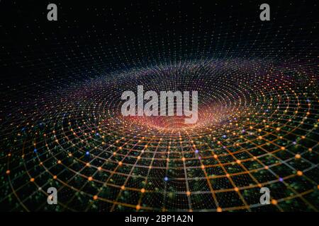Rendering 3D del tunnel centrato attraverso il wormhole su spazio-tempo curvo. Concetto di viaggio nello spazio Foto Stock